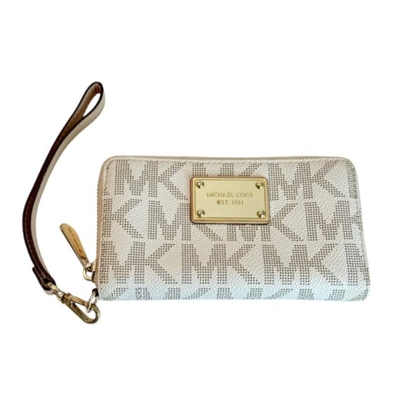 Michael Kors Women's Logo Print Wristlet Wallet Brown Tan Zip - Picture 1 of 7